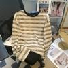 Camiseta de manga larga con cuello de banda a rayas, diseño de burbujas huecas, para mujer, nueva llegada de otoño e invierno, para chica rellenita, que cubre la barriga, top básico versátil
