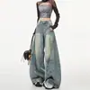 Jeans Scimitar Americano Retrô Desgastado para Mulheres, Estilo Novo Versátil da Moda, Calças Sickle Largas Soltas, Calças Longas de Cintura Alta