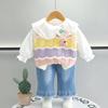 Traje de niña Primavera Elegante a la Moda Traje de Niña Dulce Suéter de Conejo de Dibujos Animados de Manga Larga Conjunto de Tres Piezas