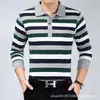 Camiseta de manga larga para hombre de primavera y otoño, holgada, con solapa, a rayas, para usar debajo, bolsillo real, talla grande, top casual para hombre