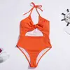Traje de baño de una pieza para mujer, nuevo, con cordones, estilo fresco, sin mangas, con almohadilla en el pecho, de cuello halter, color liso, estilo europeo y americano, bikini transfronterizo