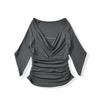 Ropa de Mujer al por Mayor Transfronteriza Estilo Europeo y Americano Color Sólido Cuello Oscilante Manga Media Camiseta Verano 2025 Nuevo Ajuste Delgado Tops Versátiles para Mujer
