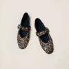 Sapatos Femininos de Couro Genuíno Pelo de Cavalo Estampa de Leopardo Solteiro 2025 Primavera/Verão Bico Quadrado Raso Mary Jane