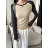 Sikan Chegada Nova de Outono Estilo Americano Bloco de Cores Slim Fit Gola Redonda Manga Longa Camiseta SN7832