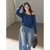 Suéter de Mohair LiLvi Azul Hombro Asimétrico para Mujer Ligeramente Transparente Tejido Flojo Manga Larga de Otoño Capa Interior Capa Base