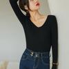 Nueva Camiseta Básica de Punto con Cuello en V para Mujer, Versátil de Otoño e Invierno, Ajustada, Elegante, de Gama Alta, Top Camiseta de Manga Larga