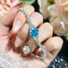Colar com Pingente de Zircônia Octogonal Azul Oceano, Corte Rosa Milenar, Anel Aberto, Brincos, Pulseira Conjunto de Quatro Peças
