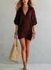 Nova Coleção Primavera e Verão 2026 Transfronteiriça Amazon Europeia e Americana Comércio Exterior Roupas Femininas Camiseta de Cor Lisa Solta com Decote V Tops Estilo Férias para Mulheres