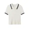 Estilo miu dinero viejoChica oxígeno seda de morera lana colorblock cuello polo tejido manga corta verano mujer ajustado T
