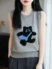 Chaleco de Punto Bordado de Dibujos Animados para Mujer, Cuello Redondo, Nuevo Estilo Primavera y Otoño, Camiseta Base para Vestir por Capas, Chaleco Interior de Punto sin Mangas