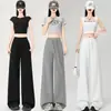 Foto Real de Pantalones Anchos de Capa de Aire para Mujer Primavera/Verano 2025 Cintura Alta Fluidos Adelgazantes Cordón Pierna Recta Deportivos de Longitud Completa
