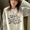 Camiseta de Manga Larga con Estampado de Dibujos Animados Divertidos y Lindos y Rayas en Contraste para Mujer, Nueva, de Primavera y Otoño, Holgada, Casual, con Cuello Redondo