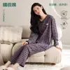 Pijama de mujer para primavera y otoño, ajustado, algodón puro, manga larga, pantalón largo, cuello redondo, estilo pullover, dulce y lindo, adecuado para usar como ropa de estar en casa