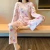 Nuevo 2024 Estilo Coreano Estilo Ins Pijama Delgado Manga Larga Pantalones Mujeres Suelto Dibujos Animados Estilo Coreano Ropa de Casa Traje