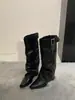 Botas vintage de salto grosso com bico fino e salto empilhado para mulheres, botas de montaria de outono de salto alto acima do joelho, botas de cano longo afuniladas para pernas longas