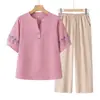 Traje de Verano Delgado de Manga Corta para Mamá, Top Elegante con Estampado de Camiseta, Camisa Casual de Nuevo Estilo para Mujeres de Mediana Edad y Mayores