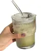 Copo de Vidro de Bambu com Listras Verticais da Moda com Tampa de Canudo, Copo para Café Gelado e Chá com Leite, Copo de Bebida Doméstico Estilo Ins