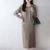 Otoño Invierno Cuello Redondo 100% Lana Tejido de Punto Canalé Vestido Falda Largo Mujer Adelgazante Holgado Capa Base Vestido de Lana