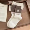 Meias de Lã com Patchwork de Renda Estilo Coreano para Mulheres, Meias Fofas com Bordado de Urso para Outono/Inverno para Combinar com Sapatos Mary Jane, Longas