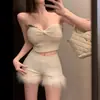 Pantalones Casuales Franceses de Color Sólido con Empalme para Otoño para Mujer, Shorts de Cintura Alta con Piel, Pantalones de Nuevo Estilo de Alta Gama con Riñonera
