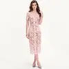 Cadena de suministro transfronteriza de ropa premium para mujer: Vestido de encaje calado soluble en agua con cuello camisero, mangas cortas, corte ajustado, falda lápiz de longitud media