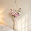 Bolsa de Rede de Flores Secas Artesanal com Franja para Pendurar na Parede Bolsa de Armazenamento Estilo Pastoral Decoração de Parede Ornamento de Parede para Sala de Estar Tapeçaria