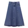 Saia Jeans Azul Lavado de Cintura Alta para Mulheres, Primavera/Verão 2025, Comprimento Médio Petite, Afinando, Modelo Evasê Linha A