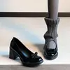 Mocasines retro de punta redonda y corte bajo con tacón grueso y lazo para mujeres petite, versátiles zapatos de cuero negro para ir al trabajo