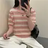 Novo Top de Tricô Jacquard Perfurado Listrado de Seda Gelada para Mulheres, Camiseta Fina de Manga Curta com Gola Redonda de Lyocell Tencel