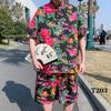 Conjunto Casual de Dos Piezas con Flores Grandes 2025 Nuevo Flor Grande del Noreste Nuevo Chino Casual Camisa de Manga Corta Pantalones Cortos Traje de Camiseta