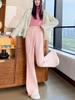 Foto Real de Pantalones Acampanados con Cordón y Botón para Mujer en Otoño e Invierno Nuevo Estilo de Cintura Alta Adelgazantes Suaves tipo Cera Estilo Perezoso Casual de Punto de Pierna Ancha