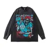 Sudadera con Estampado de Calavera Transfronterizo Estilo Retro Americano Cuello Redondo Oversize Holgada Lavada Desgastada Pesada 280g