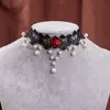 Europeu e Americano Nova Moda Exagerada Luxo Leve Colar de Renda Flor Rosa Negra Pingente de Pedra Preciosa Gargantilha Tendência Hip-Hop
