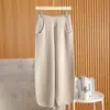 Calça Casual de Tricô 100% Lã Nova Outono/Inverno para Mulheres, Cor Sólida de Cintura Alta com Bolsos, Calça Longa Solta Versátil com Babados