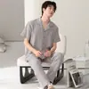 Pijama de Gaze de Algodão Puro para Homens, Verão Manga Curta Calça Longa, Cardigã com Lapela, Conjunto de Duas Peças para Casa Masculino Transfronteiriço para Transmissão ao Vivo