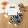 Disfraz de Halloween para Bebé y Niño Pequeño Camiseta de Manga Larga con Letra Pantalones Jogger Estampado de Murciélago a Cuadros Conjunto de Dos Piezas