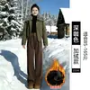 Calça de Veludo Cotelê Moda Marrom Feminina Outono Inverno 2026 Nova Com Pelúcia Cintura Alta Tricô Casual Perna Larga