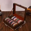 Caixa de Armazenamento de Couro com Textura de Madeira Vintage para Joias, Pulseira de Cristal, Acessórios de Bracelete, Caixa de Exibição Transparente para Contas Budistas