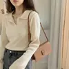 Suéter tejido retro de estilo coreano con cuello polo suave para mujer, suéter básico de manga larga acanalado ajustado para otoño e invierno