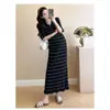 Vestido Polo Rayado Elegante de Bloques de Color Estilo Coreano, Seda de Hielo, Vestido Largo de Playa Estilo Mori Japonés, Europeo y Americano, Femenino