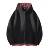 Sudadera Cardigan Falsa de Dos Piezas con Empalme de Cuadros Americanos para Hombre Otoño e Invierno Nueva Chaqueta Casual Pesada