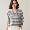 Moda Versátil de Malha Jacquard Grossa com Blocos de Cor Fair Isle Vintage Manga Longa 25 Outono/Inverno Suéter Base de Caxemira para Mulheres Gola V