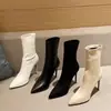 Botines de tacón alto para mujer Otoño/Invierno 2026, Botas negras ajustadas de estilo coreano con punta fina y tacón fino elástico, Botas blancas de gamuza, Elegantes
