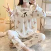 Pijama Feminino Primavera/Outono, Tecido Crepe Imitação de Algodão, Manga Longa, Calça Longa, Estilo Ins, Casual, Doce, Popular, Roupa de Casa, Conjunto para Adolescente