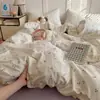 Juego de Cuatro Piezas de Algodón Puro Grado A Materno e Infantil, Estilo Ins Fresco y Sencillo, Apto para Dormir Desnudo, Sábana Bajera y Funda de Edredón 100% Algodón, Juego de Sábanas Ajustables de Tres Piezas para Estudiantes