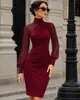Vestido de malla con retazos de moda transfronteriza para mujer europeo y americano, con cuello alto, mangas abullonadas, corte ajustado, falda ceñida al cuerpo, vestido de noche