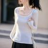 25 Años Principios de Otoño Nuevo Tejido de Lana Fina Cuello en U Manga Larga Color Sólido Corte Ajustado Versátil Camisa Base Superior