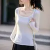 2026 Nuevo Estilo Camiseta Base de Punto con Cuello en U para Mujer, Elegante y Ceñida, Se Puede Usar por Fuera, Suéter Delgado de Lana de Hilo Fino