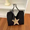 Bolsa de Lona Estilo Coreano Estrella de Cinco Puntas Cierre de Cordón Correa para el Hombro Tejida Gran Capacidad Bolso de un Solo Hombro Estudiante Viaje Diario Bolsa para Mujer