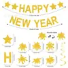 Banner de Año Nuevo brillante transfronterizo FELIZ AÑO NUEVO, fuegos artificiales, estrellas, decoraciones en espiral para fiesta de Nochevieja